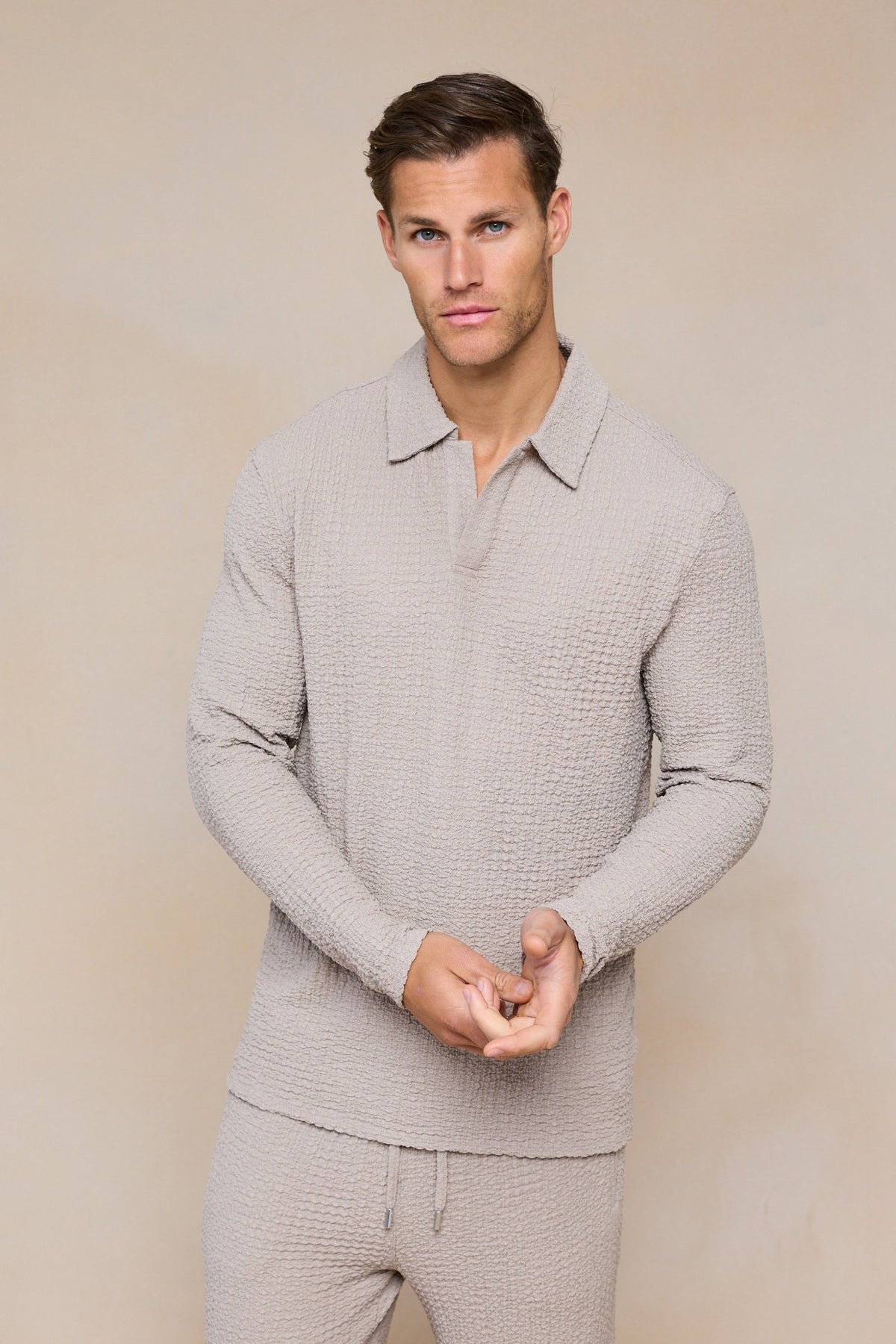Artie Ruched Textured Long Sleeve Polo Shirt - Mushroom