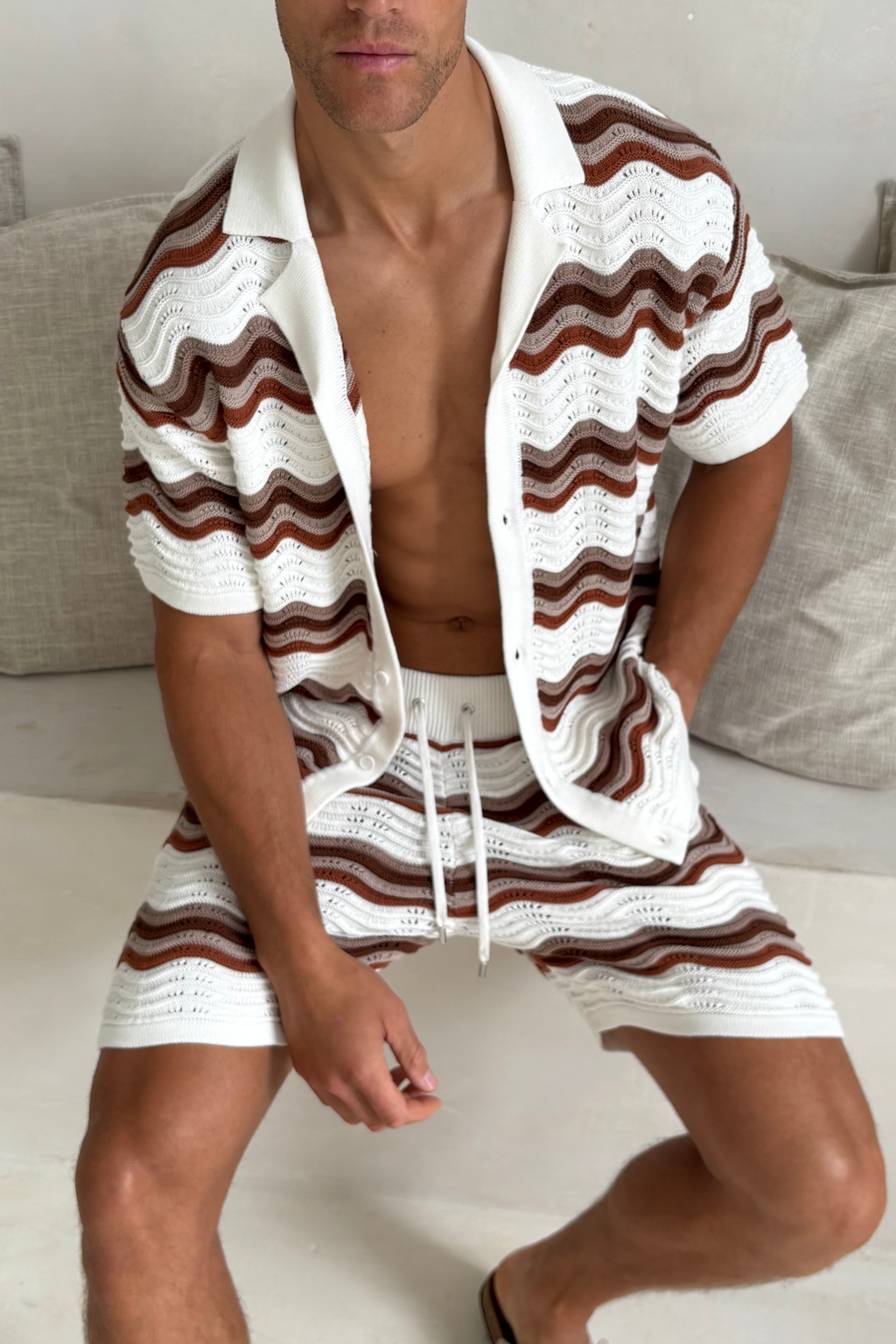 Primavera Crochet Knit Shirt - Ecru/Brown