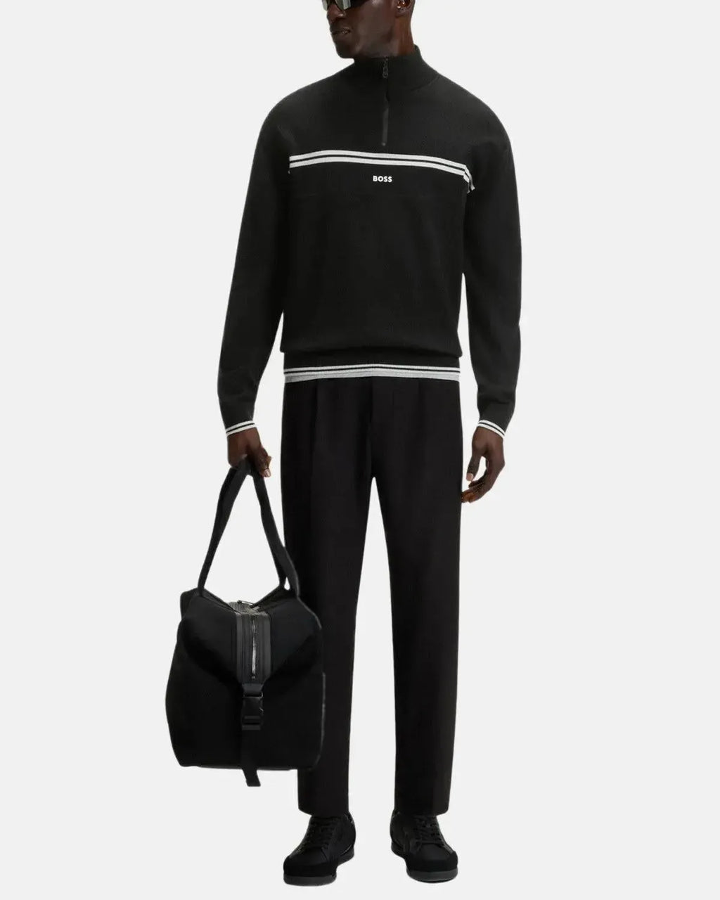 BOSS K-ZONE STRIPE DETAIL 1/4 ZIP KNIT BLACK